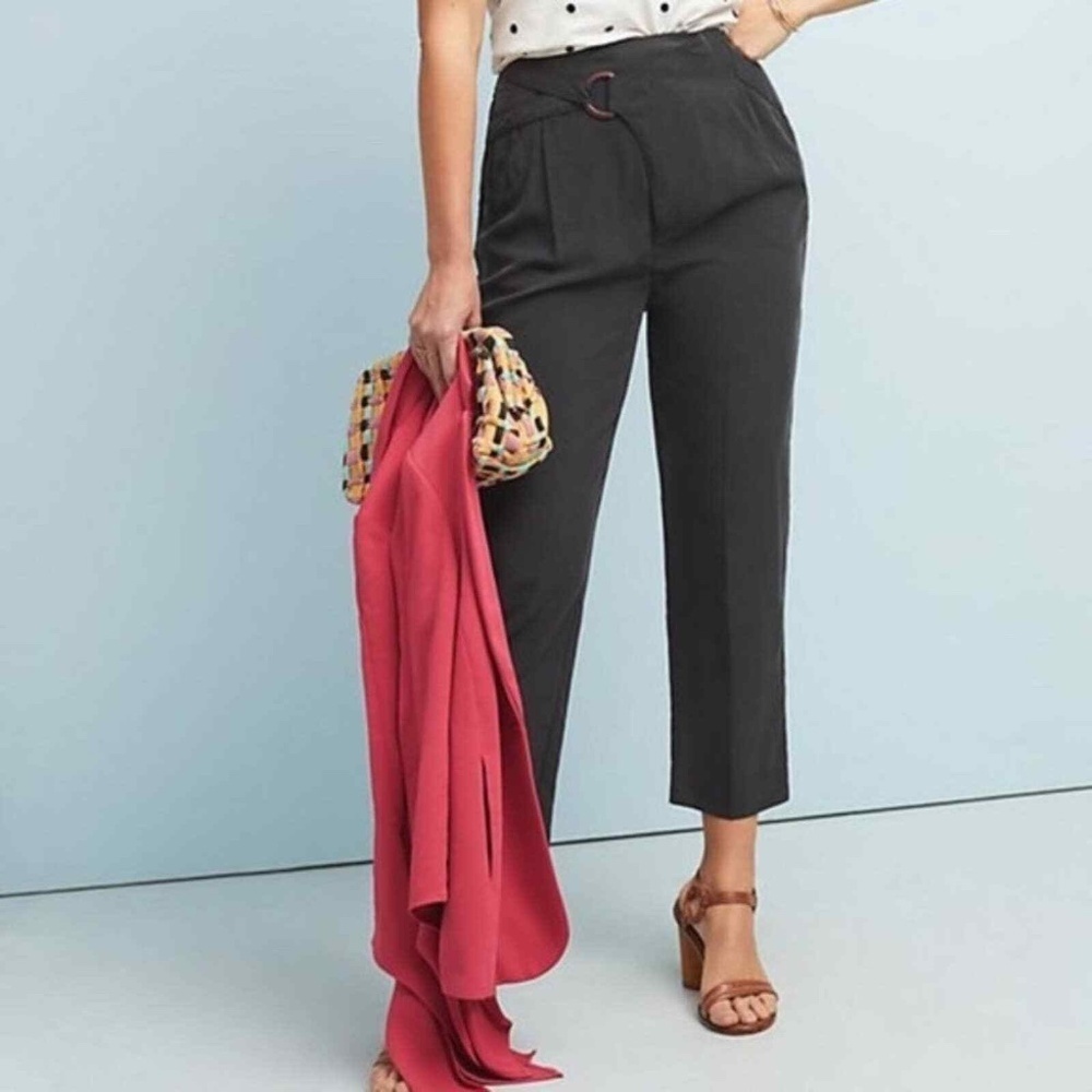 ANTHROPOLOGIE Black Cupra Wrap Trouser Pants sz XS Modal Straight Leg w/ Buckle